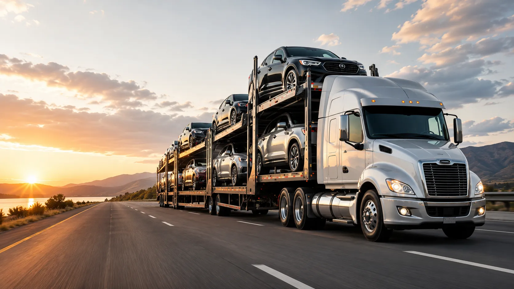 Auto transport carrier loaded with vehicles on an open highway at sunset